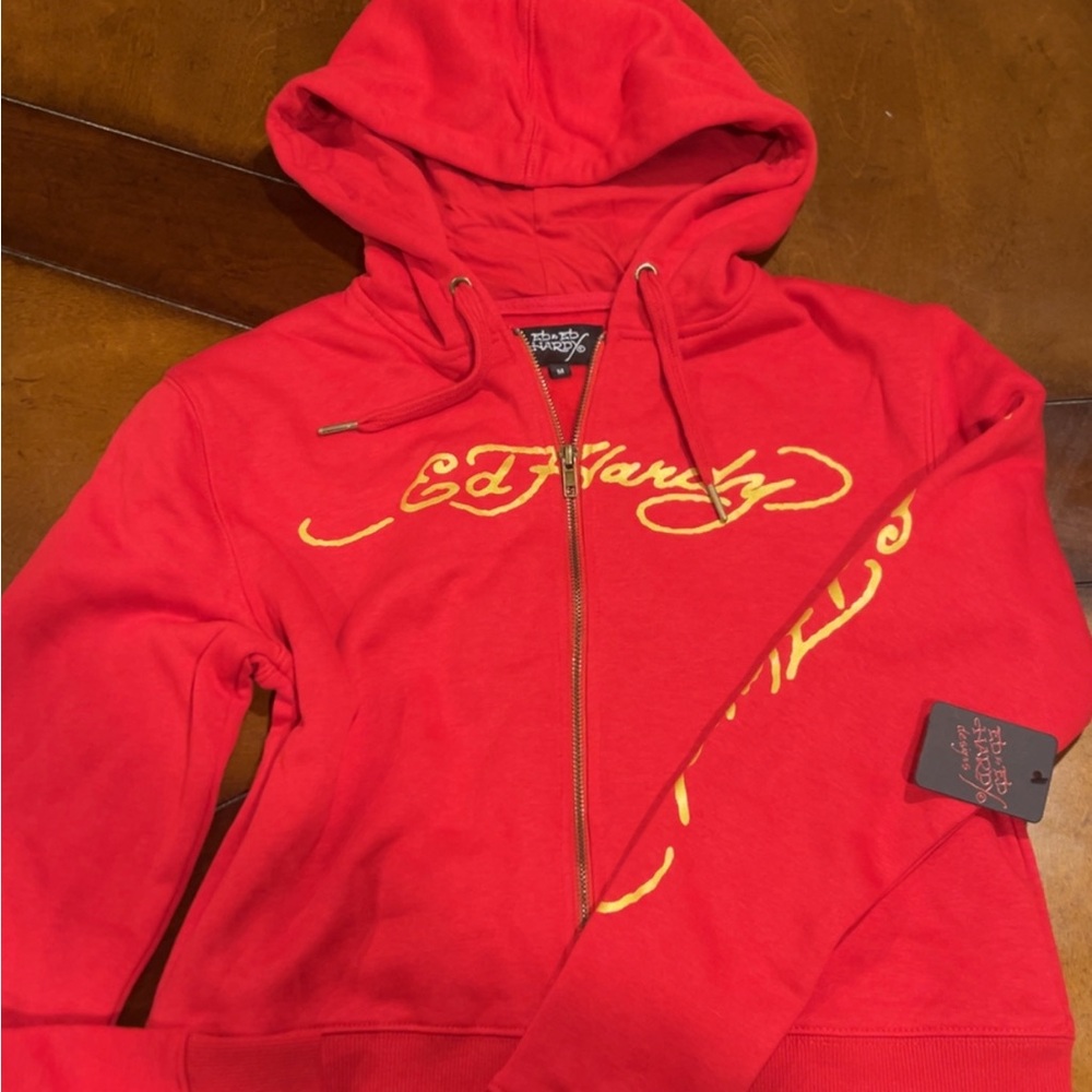Ed Hardy Vibrant Red Hoodie with Gold Script